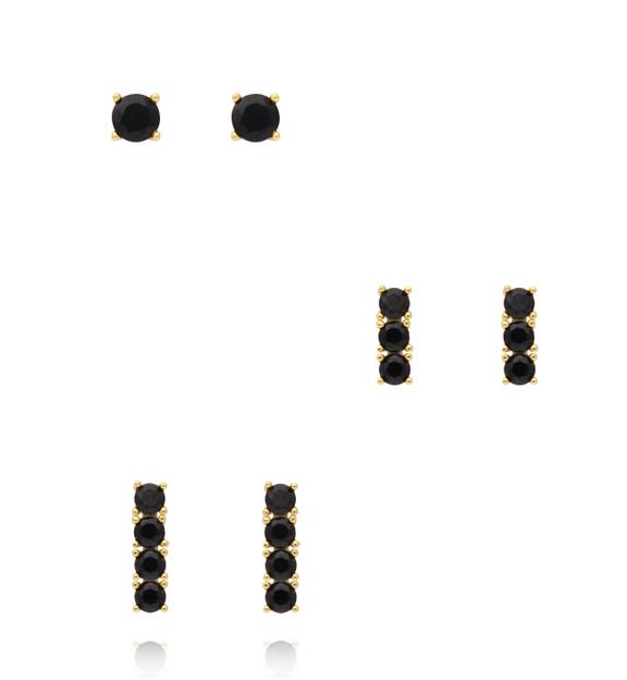 Zestaw kolczyków pozłacanych z czarnymi cyrkoniami KLT0044