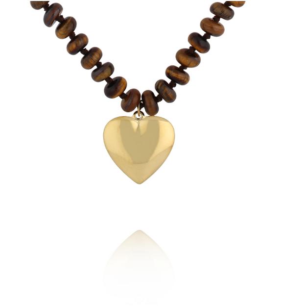 Naszyjnik z tygrysiego oka z pozłacanym sercem NPA1591