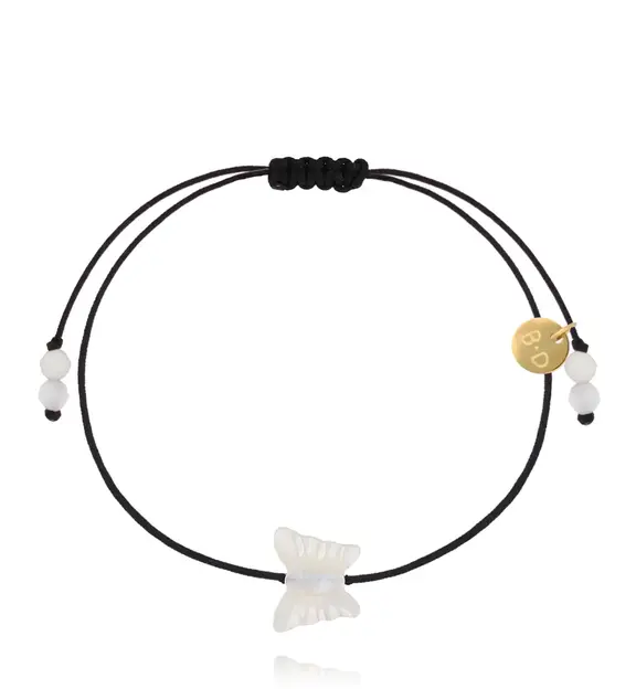 Bransoletka na czarnym sznurku z białym motylkiem BMT0349