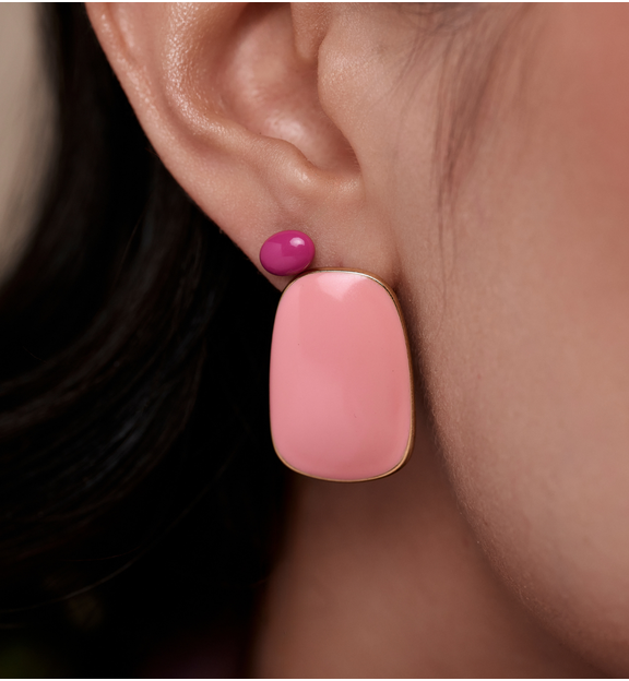 Kolczyki prostokątne emaliowane różowe złote KSY0508