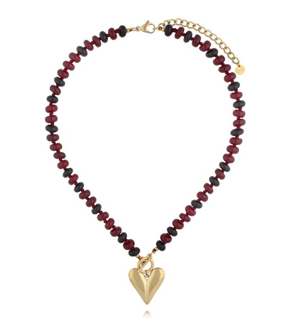 Naszyjnik z bordowych i czarnych kamieni z pozłacanym sercem NPA1590
