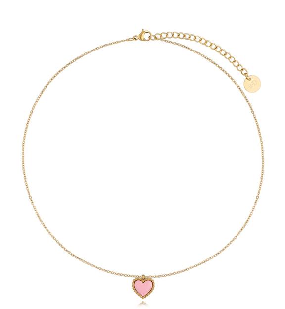 Naszyjnik złoty z sercem i różową emalią Enamel Heart NSA0599
