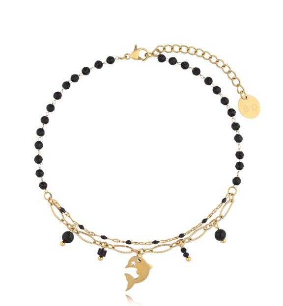 Bransoletka na nogę złoto czarna z delfinem Séverine BNSY0021