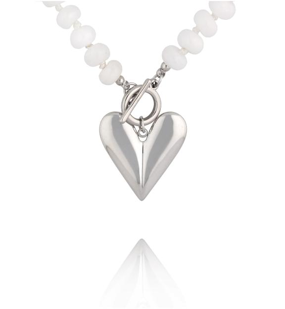 Naszyjnik z białego jadeitu z posrebrzanym sercem NPA1634