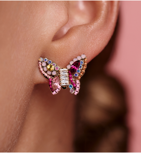 Kolczyki motylki różowo-żółte z kryształkami KLU0145