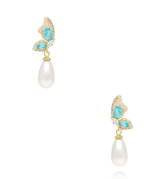 Kolczyki motyle z turkusowymi kryształkami i perłą KSS2247