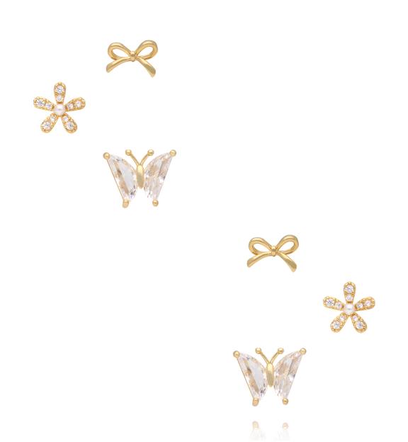 Zestaw złoconych kolczyków – kokardki, kwiatki i motylki KMB0010