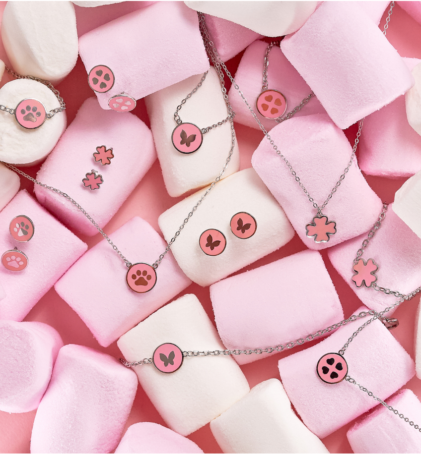 Zestaw srebrny z łapkami i różową emalią Candyland ZCA0007