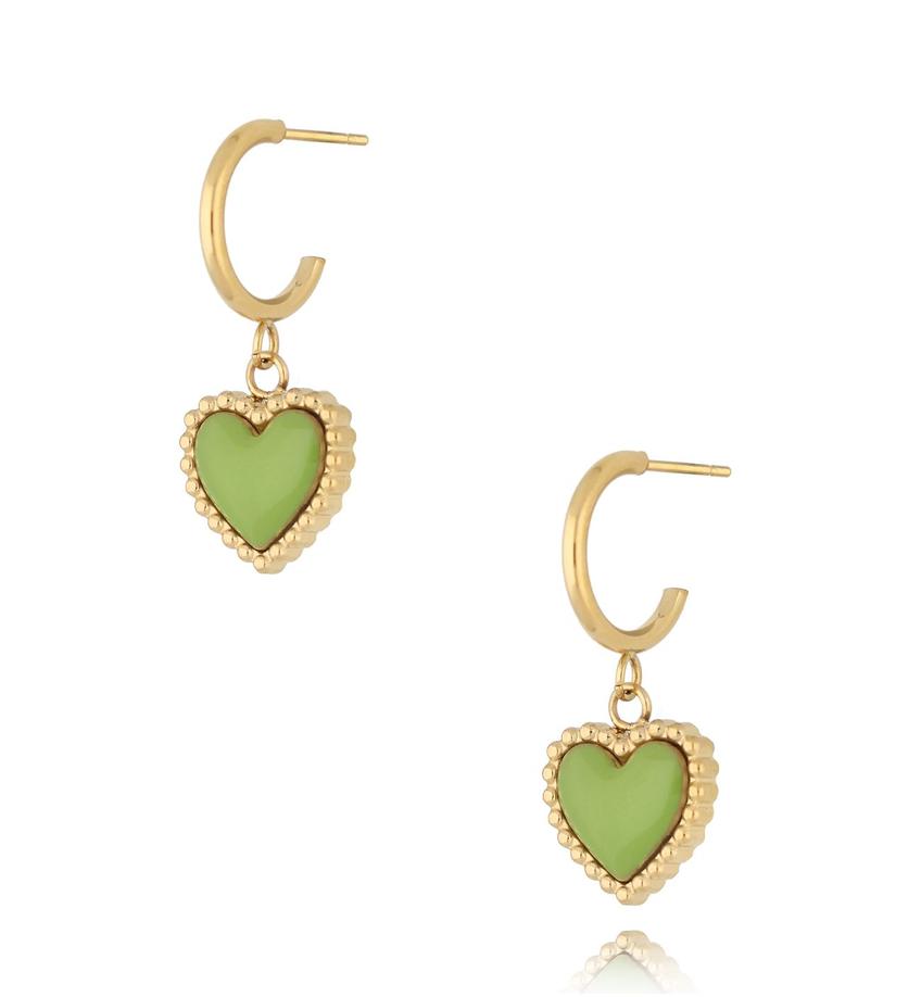 Kolczyki złote z sercem i zieloną emalią Enamel Heart KSA1550