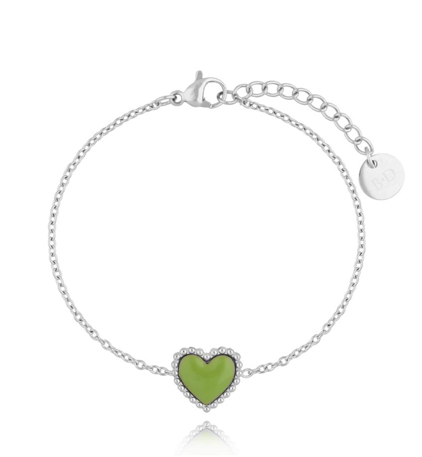 Bransoletka srebrna z sercem i zieloną emalią Enamel Heart BSA0598