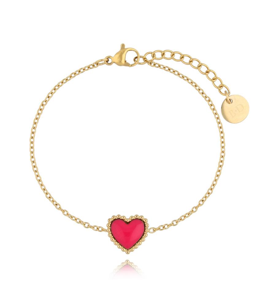Bransoletka złota z sercem i fuksjową emalią Enamel Heart BSA0581