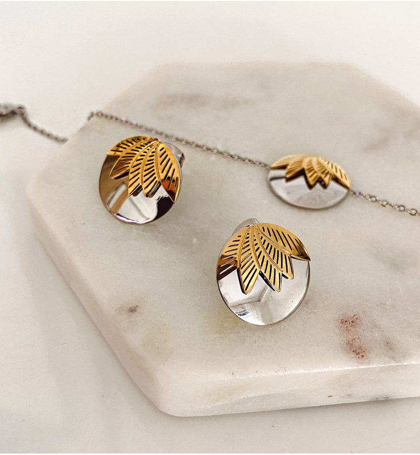 Kolczyki srebrno-złote ze stali szlachetnej Silver&Gold Little Leaf KSA0278