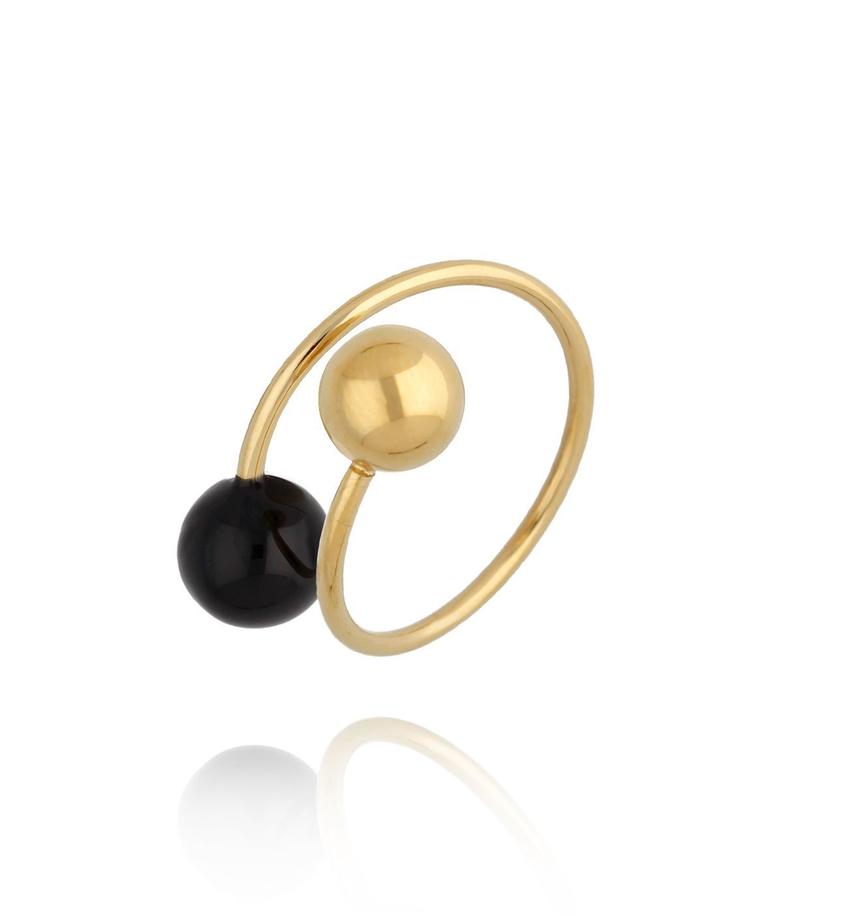 Pierścionek złoty z kulkami i czarną emalią Enamel Balls PSA0588