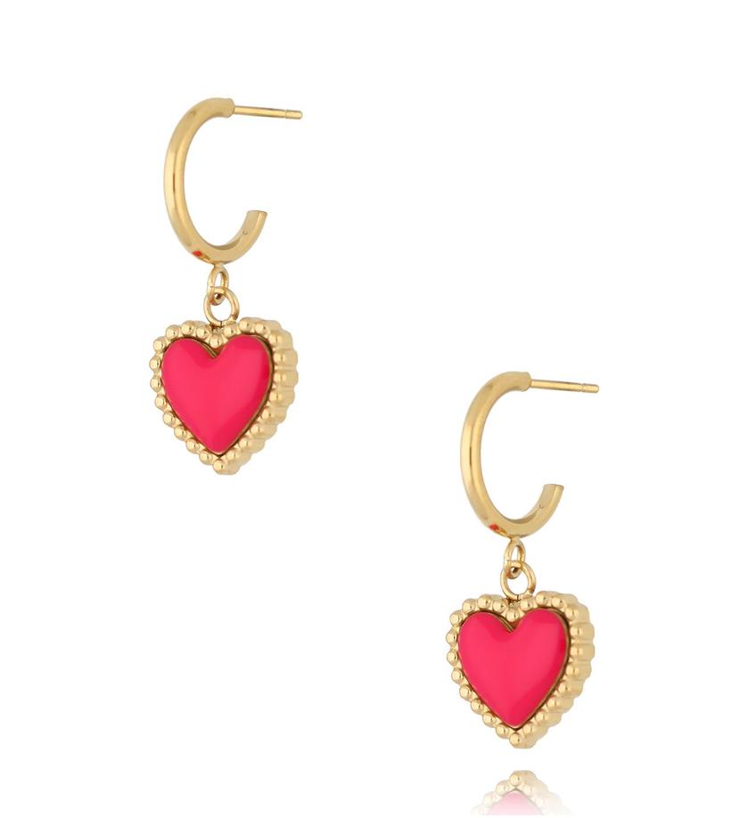 Kolczyki złote z sercem i fuksjową emalią Enamel Heart KSA1552
