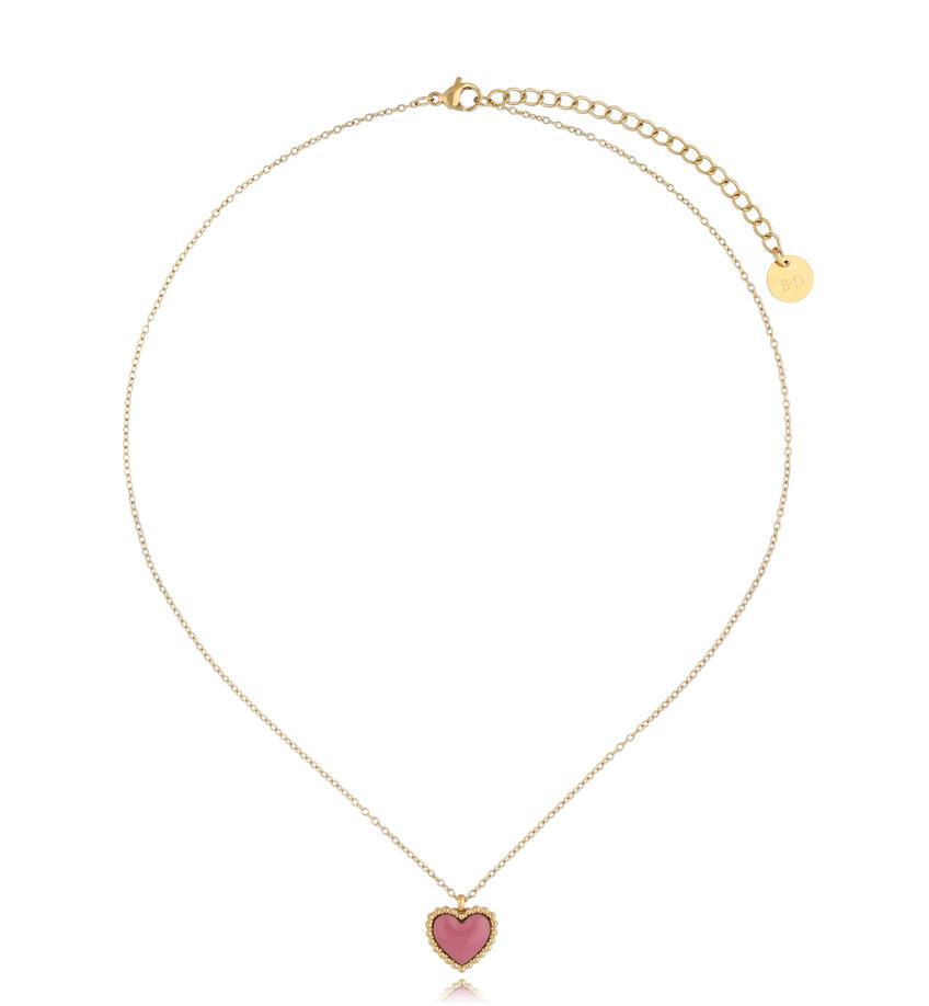 Naszyjnik złoty z sercem i różową emalią Enamel Heart NSA1121