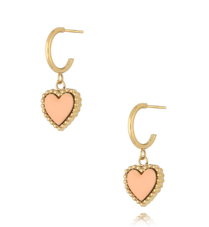 Kolczyki złote z sercem i brzoskwiniową emalią Enamel Heart KSA1546