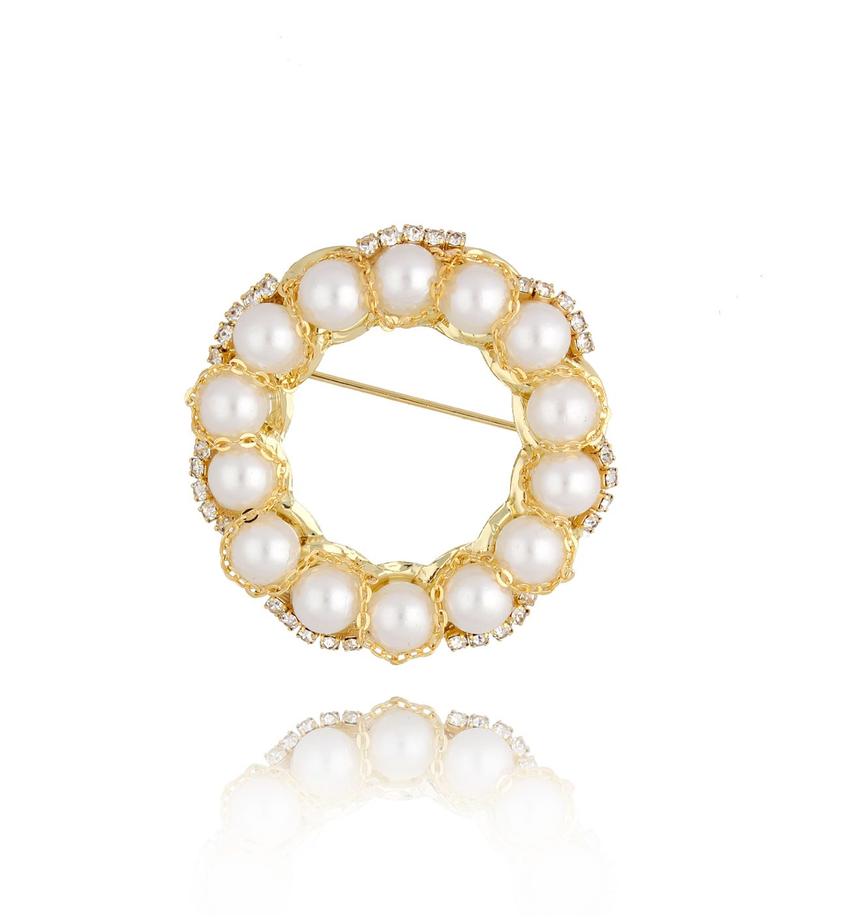 Broszka złota z perłami i kryształkami Classic Pearl BRPE0008