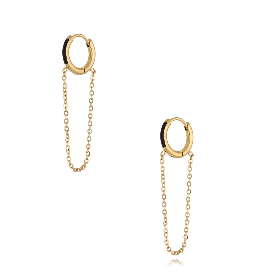 Kolczyki koła z czarną emalią i łańcuszkiem Enamel Hoops KSA0807