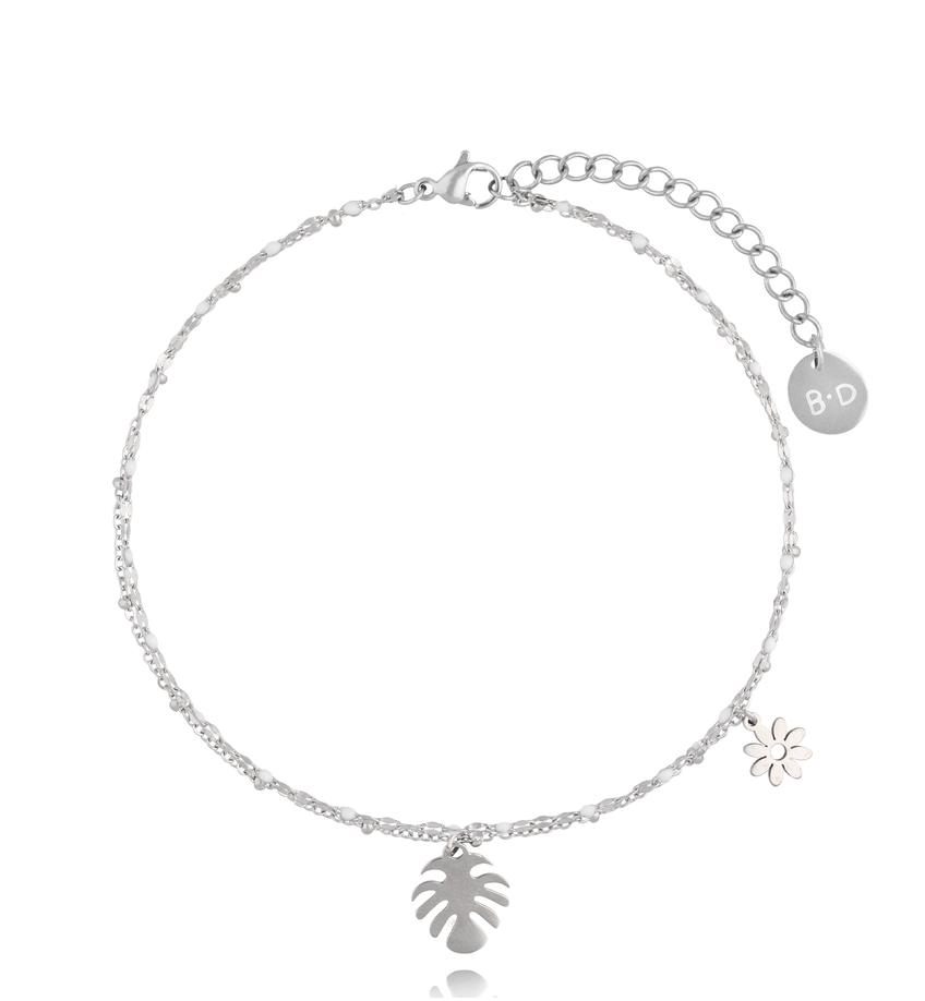 Bransoletka na nogę srebrna z liściem monstery Summer Love BNSY0014
