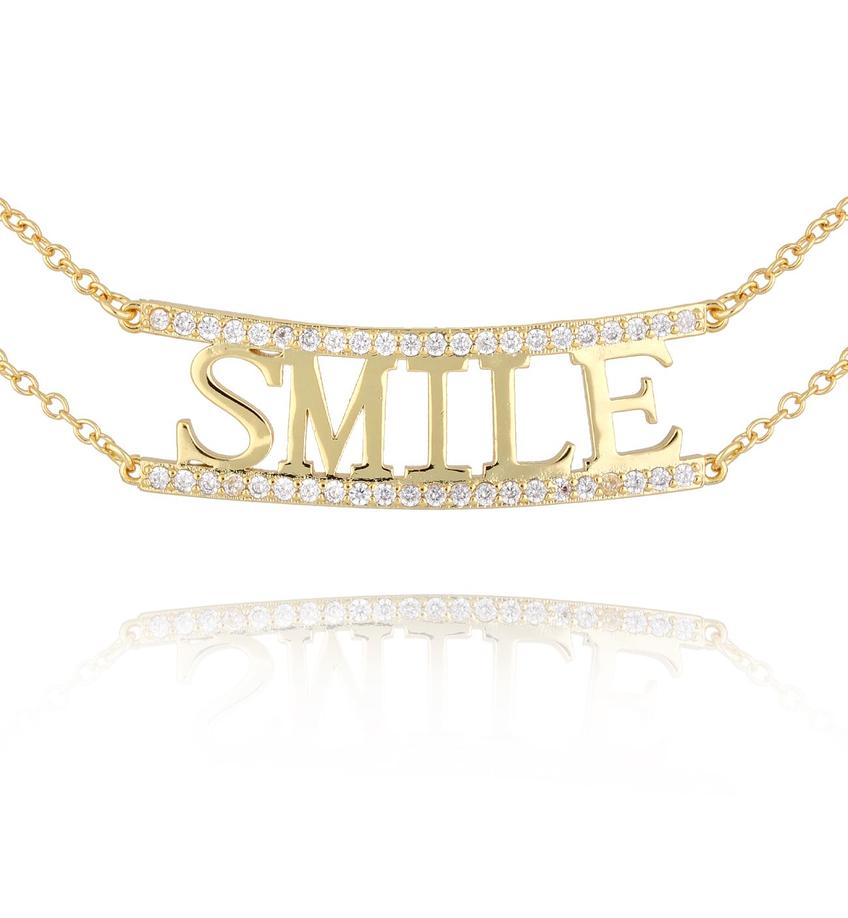 Naszyjnik złoty z kryształkami i napisem SMILE NS0163