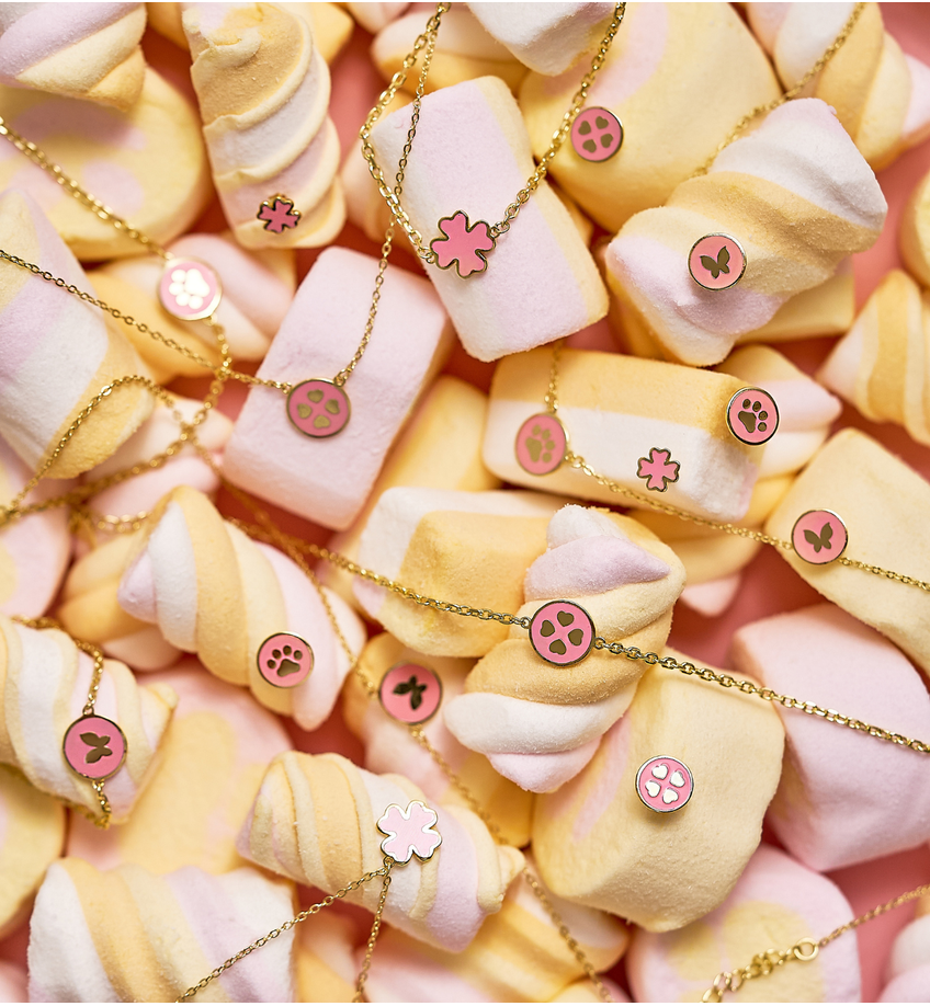 Zestaw złoty z koniczynkami i różową emalią Candyland ZCA0020