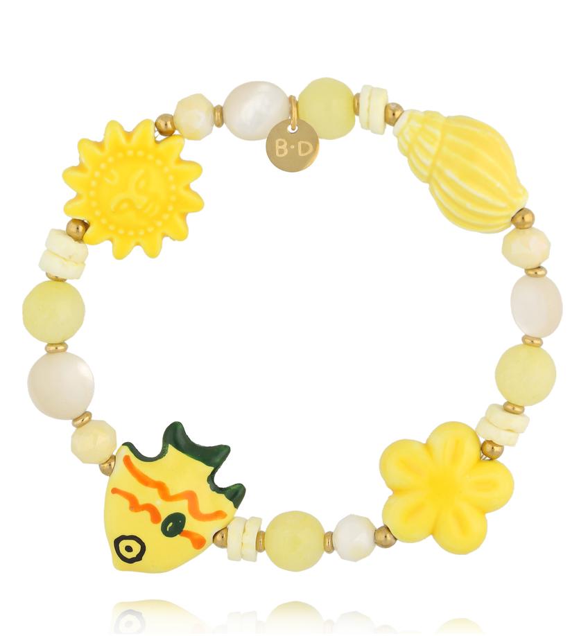 Bransoletka żółta z rybką i słońcem BSH0205
